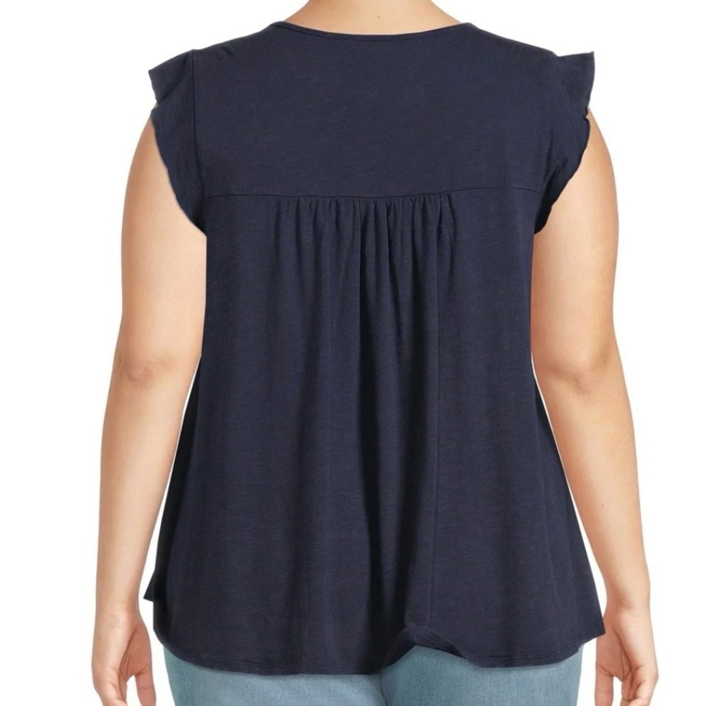 Terra & Sky Dark Blue Eyelet Trim Flutter Sleeve Top - Size: 14W - Picture 7 of 8